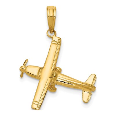 14K Yellow Gold 3-D High-Wing Airplane Pendant