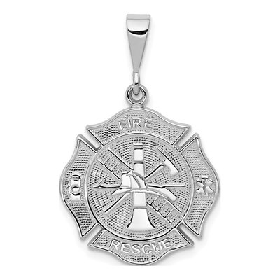 14K White Gold Fire Rescue Badge Pendant