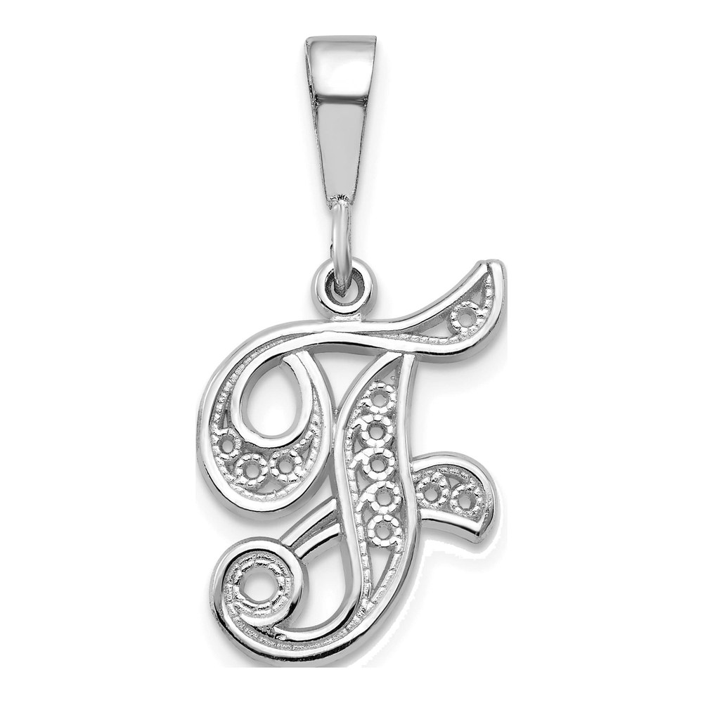14K White Gold Rhodium-Plated White Gold Solid Polished Script Filigree Letter F Initial Pendant