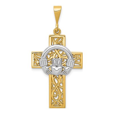 14K Two-Tone Gold Claddagh Cross Pendant