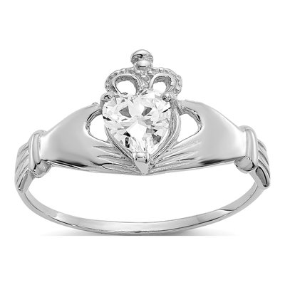 14K White Gold CZ Claddagh Heart Birthstone Ring