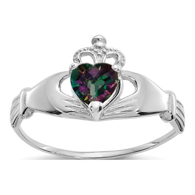 14K White Gold CZ Claddagh Heart Birthstone Ring