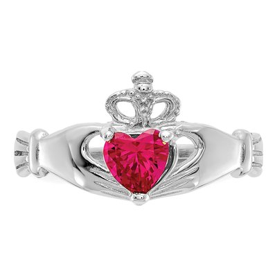 14K White Gold CZ July Birthstone Claddagh Heart Ring – view 5