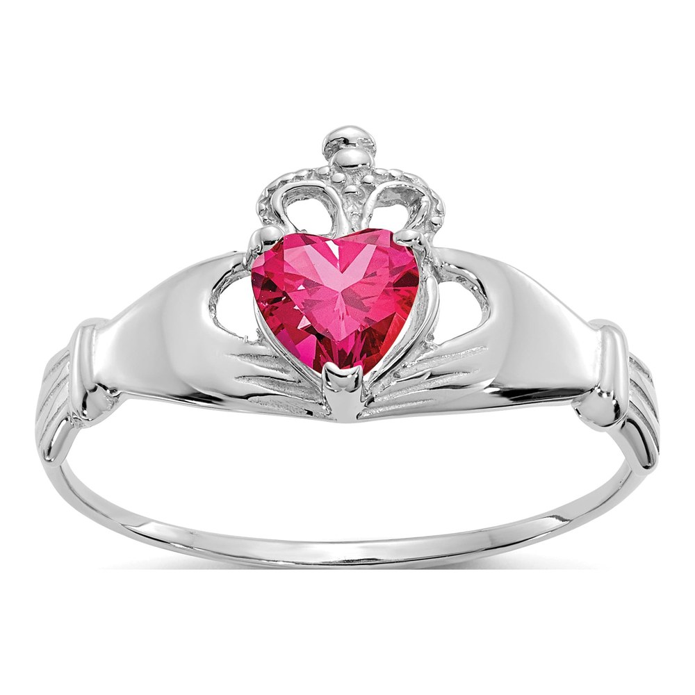 14K White Gold CZ July Birthstone Claddagh Heart Ring