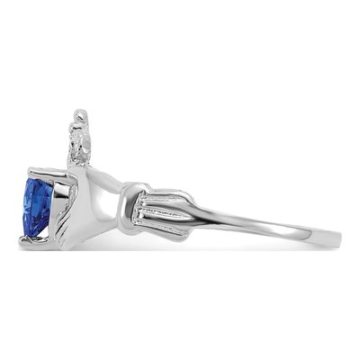 14K White Gold CZ September Birthstone Claddagh Heart Ring – view 4