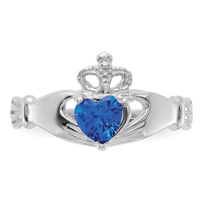 14K White Gold CZ September Birthstone Claddagh Heart Ring – view 5