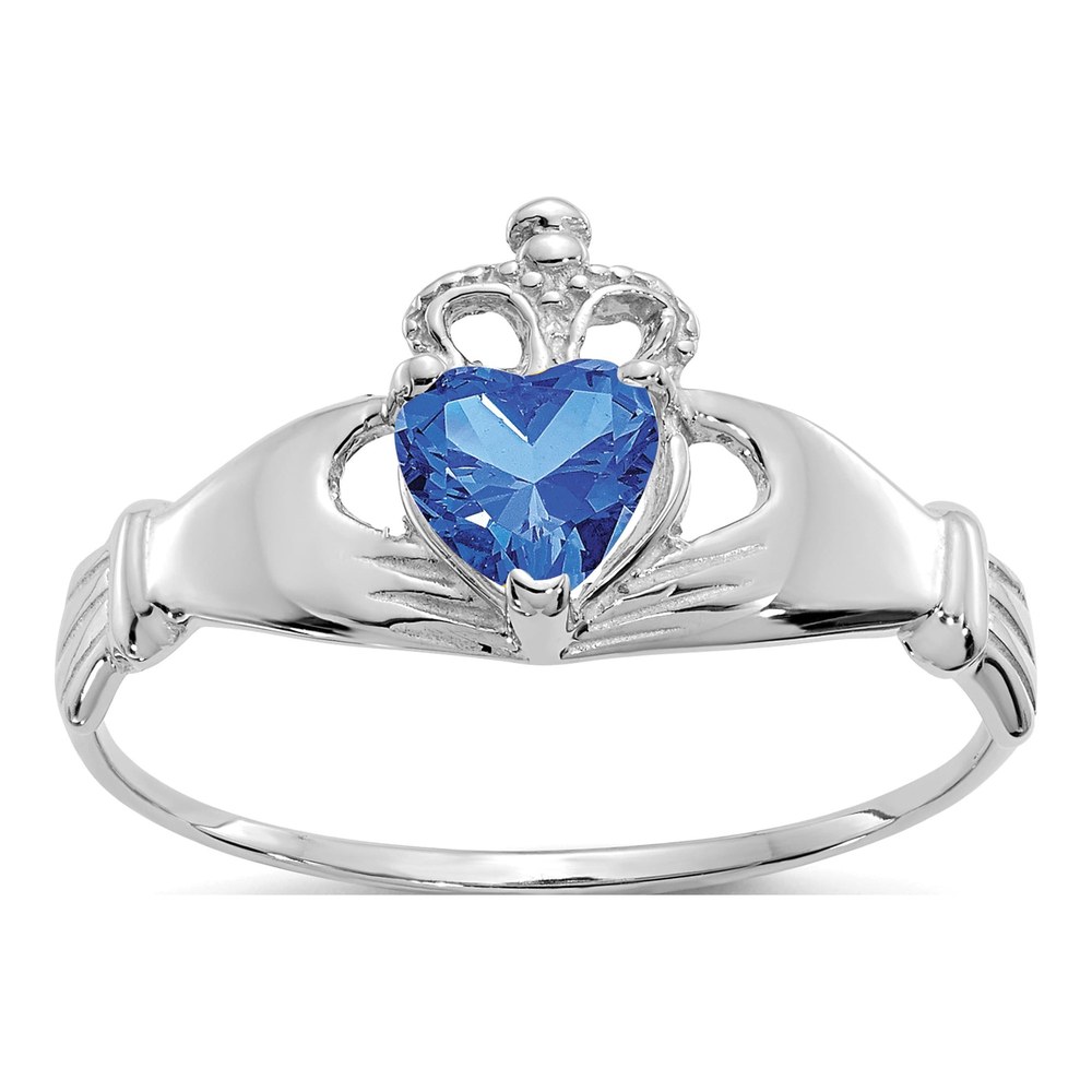 14K White Gold CZ September Birthstone Claddagh Heart Ring