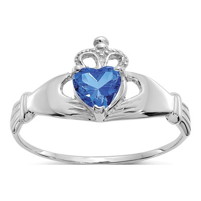 14K White Gold CZ September Birthstone Claddagh Heart Ring