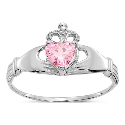 14K White Gold CZ Claddagh Heart Birthstone Ring