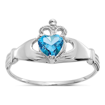 14K White Gold CZ Claddagh Heart Birthstone Ring