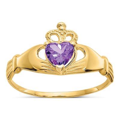 14K Yellow Gold CZ Claddagh Heart Ring