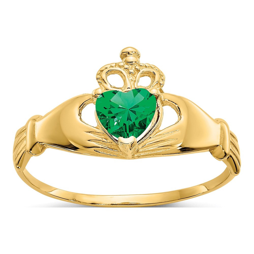 14K Yellow Gold CZ May Birthstone Claddagh Heart Ring