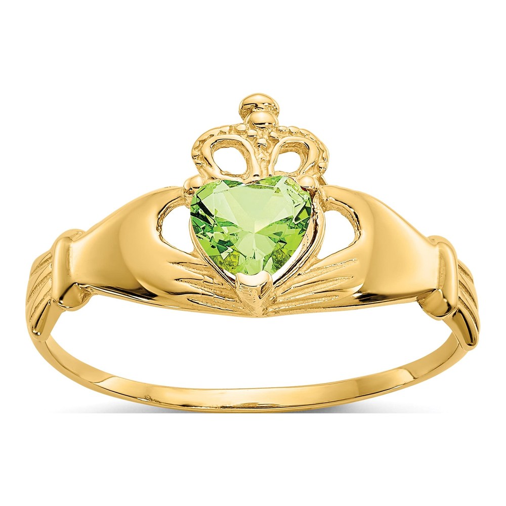 14K Yellow Gold CZ August Birthstone Claddagh Ring