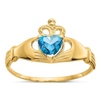 14K Yellow Gold CZ December Birthstone Claddagh Heart Ring