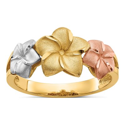 14K Tri-Color Gold Plumeria Flowers Ring