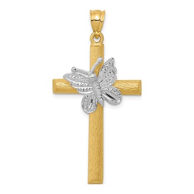 14K Two-Tone Gold Cross Butterfly Pendant