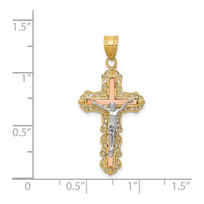 14K Tri-Color Gold Diamond-Cut Filigree Crucifix Pendant – view 4