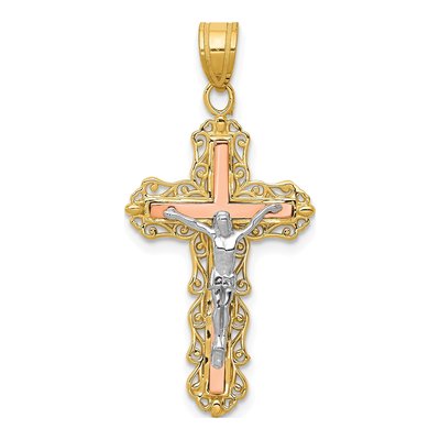 14K Tri-Color Gold Diamond-Cut Filigree Crucifix Pendant