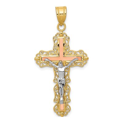 14K Tri-Color Gold Filigree Crucifix Pendant