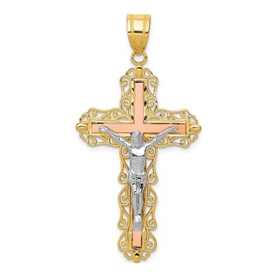 14K Tri-Color Gold Filigree Crucifix Pendant