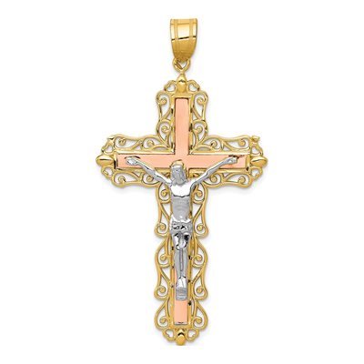 14K Tri-Color Gold Filigree Crucifix Pendant