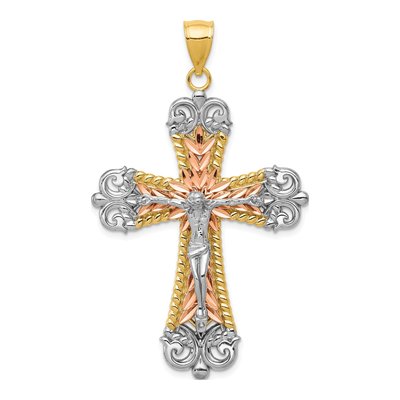 14K Tri-Color Gold Diamond-Cut Large Crucifix Pendant