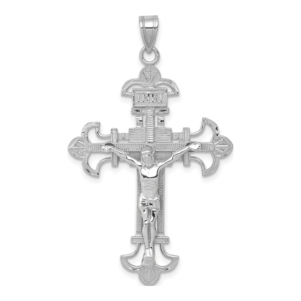 14K White Gold INRI Fleur de Lis Crucifix Pendant
