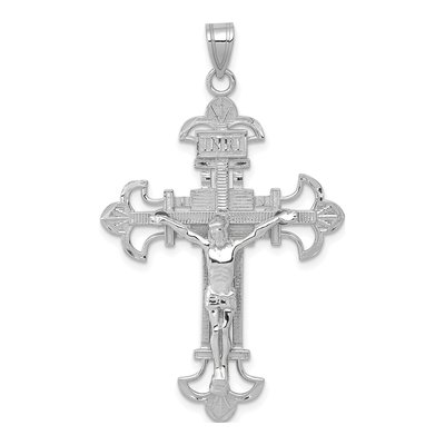 14K White Gold INRI Fleur de Lis Crucifix Pendant