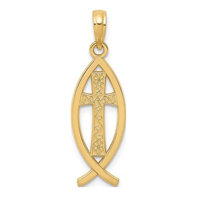 14K Yellow Gold Cross Ichthus Fish Pendant