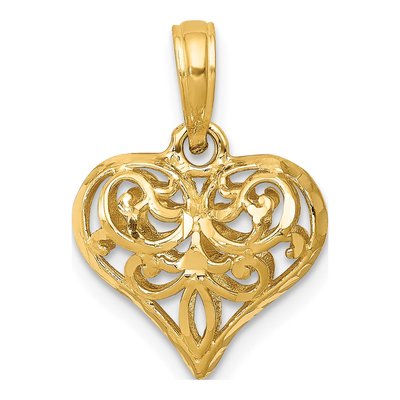 14K Yellow Gold Filigree Puffed Heart Pendant