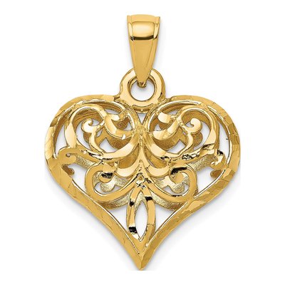 14K Yellow Gold Filigree Puffed Heart Pendant