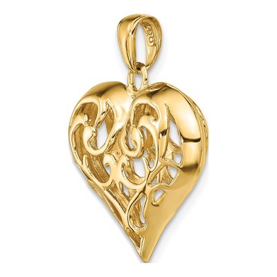 14K Yellow Gold 3D Filigree Puffed Heart Pendant – view 5