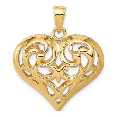 14K Yellow Gold 3D Filigree Puffed Heart Pendant
