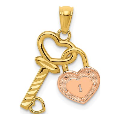 14K Two-Tone Gold Heart Lock Key Pendant