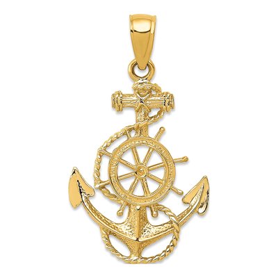 14K Yellow Gold Anchor Ship's Wheel Pendant