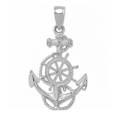 14K White Gold Anchor Ship's Wheel Pendant