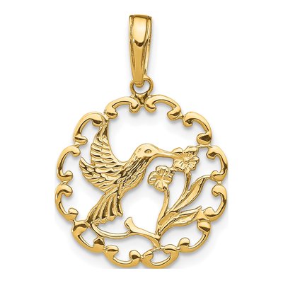 14K Yellow Gold Hummingbird Flower Pendant