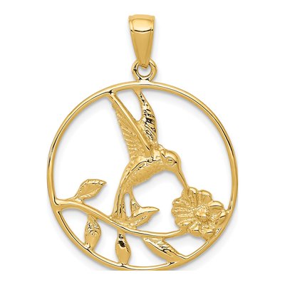 14K Yellow Gold Hummingbird Round Frame Pendant