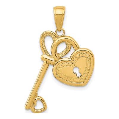 14K Yellow Gold Heart Key Lock Pendant