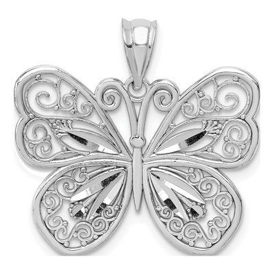 14K White Gold Diamond-Cut Butterfly Pendant