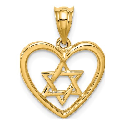 14K Yellow Gold Star of David Heart Pendant