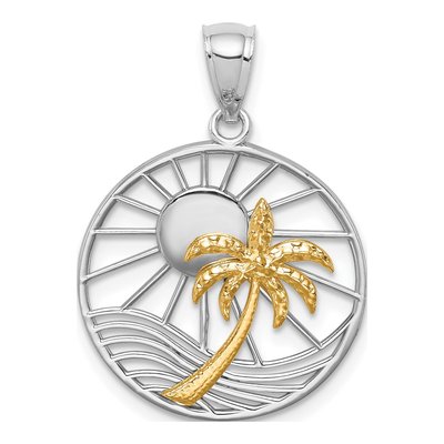 14K Two-Tone Gold Sun Palm Tree Circle Pendant