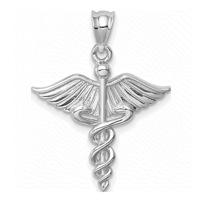 14K White Gold 3D Caduceus Medical Pendant