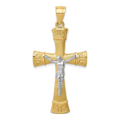 14K Two-Tone Gold Greek Key Crucifix Pendant