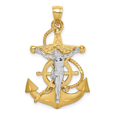 14K Two-Tone Gold Diamond-Cut Mariner Crucifix Pendant