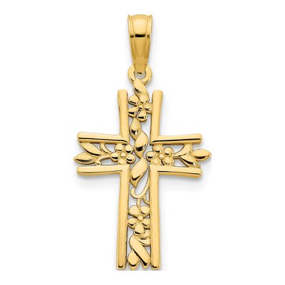 14K Yellow Gold Fancy Floral Cross Pendant