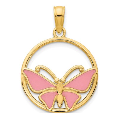 14K Yellow Gold Pink Epoxy Butterfly Pendant