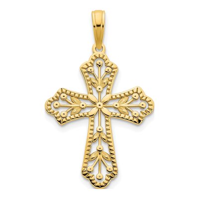 14K Yellow Gold Fancy Leaves Cross Pendant