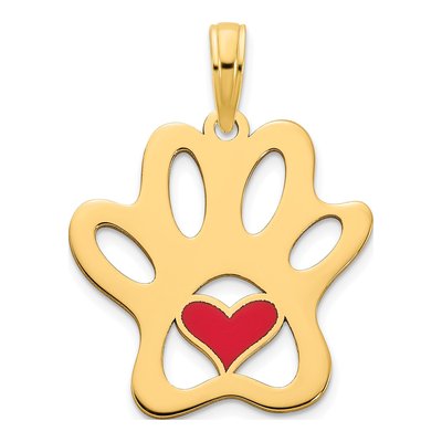 14K Yellow Gold Red Epoxy Paw Print Heart Pendant