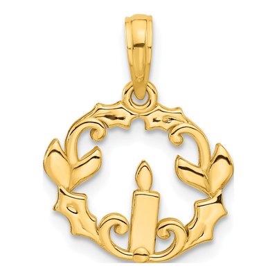 14K Yellow Gold Candle Holly Circle Pendant